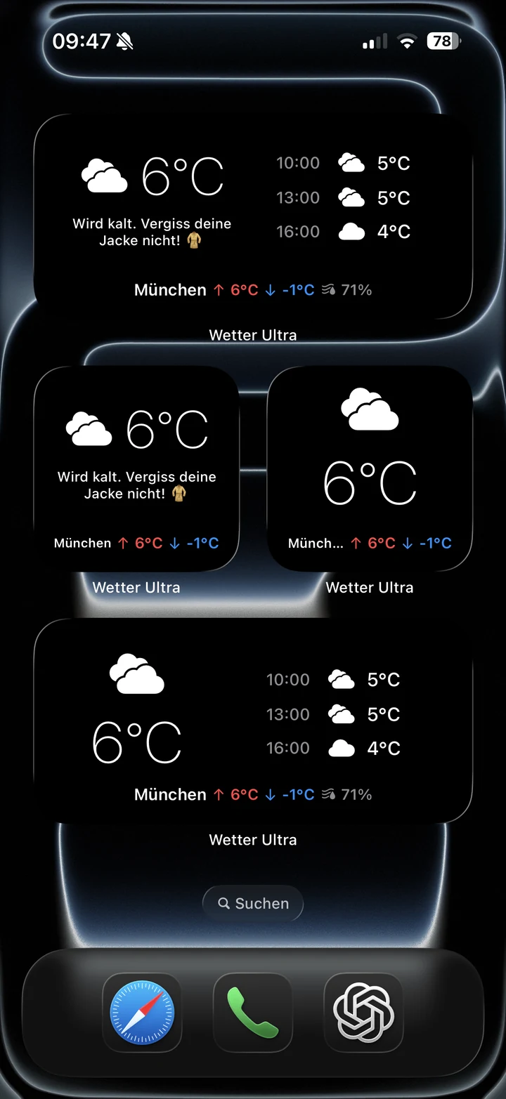 Wetter-Ultra-Widgets in allen Größen auf dem iPhone-Home-Bildschirm im Dark-Modus