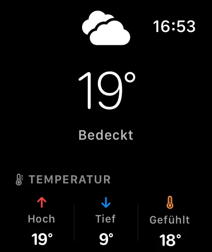 Wetter Ultra auf der Apple Watch: aktuelle Temperatur 19 Grad, bedeckt, mit Höchst-, Tief- und gefühlter Temperatur